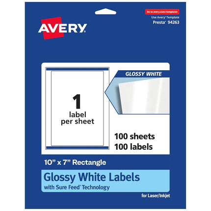 Avery Glossy White Rectangle Labels with Sure Feed, 10" x 7", 100 Glossy White Labels, Permanent Label Adhesive, Laser/Inkjet Printable Labels