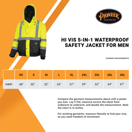Chaqueta de seguridad impermeable 5 en 1 Pioneer Hi-Vis para hombre - Convertible en chaleco y forro polar negro - Clasificación hasta -22 °C - ANSI Clase 3
