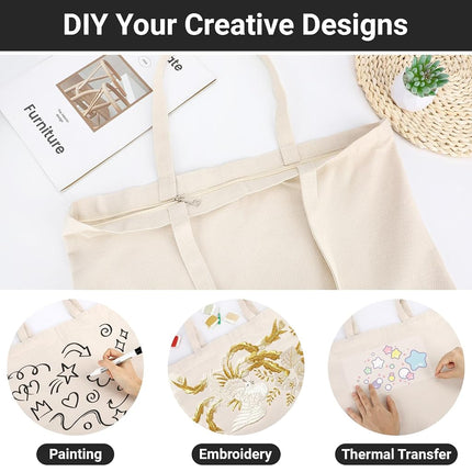 Segarty 6 Pack Canvas Tote Bags with Zipper, 16x15 inch Reusable Washable Grocery Shopping Bags for Women, Teacher, Kids DIY Art Crafts Painting Embroidery Decoration