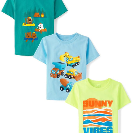 The Children's Place Bebé Niño y Niños Pequeños Deportes, Coches, Camiones Camisetas Gráficas de Manga Corta, Paquete de 3, Vibras Soleadas/Campamento/Camiones, 12-18 Meses