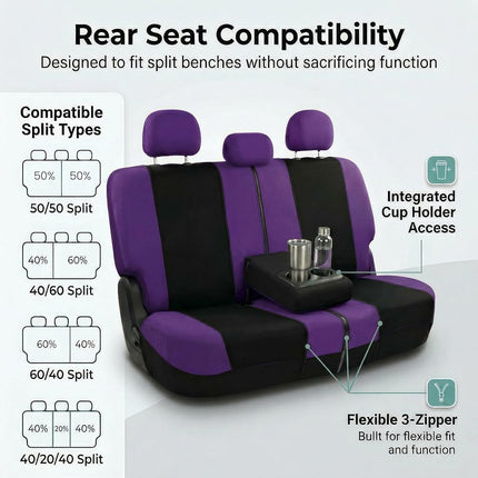 FH Group Light & Breezy Cloth Car Seat Covers, 7 Seater Three Row Set- Airbag & Split Ready -Universal for Cars Trucks and SUVs (Purple/Black)