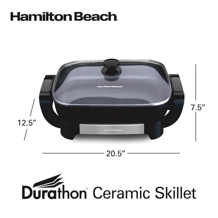 Hamilton Beach Electric Skillet with PFAS-Free Durathon Ceramic Coating, Removable 12x15� Pan, Adjustable Temperature, Reversible Design, Tempered Glass Lid, Black Nonstick Surface (38531)