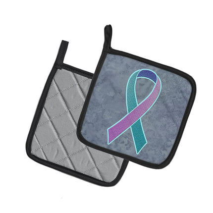 Caroline's Treasures Teal, Pink & Blue Ribbon For Thyroid Cancer Awareness Pair of Pot Holders, 7.5HX7.5W, Multicolor