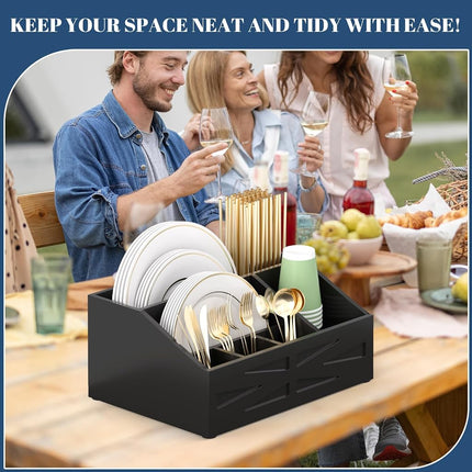 Paper Plate Dispenser,for Countertop,Paper Plate Holder for Kitchen Counter,Wood Rustic silverware holder,paper plate organizer for Fork Knife Spoons Plates,Silverware Caddy for Party,Camping
