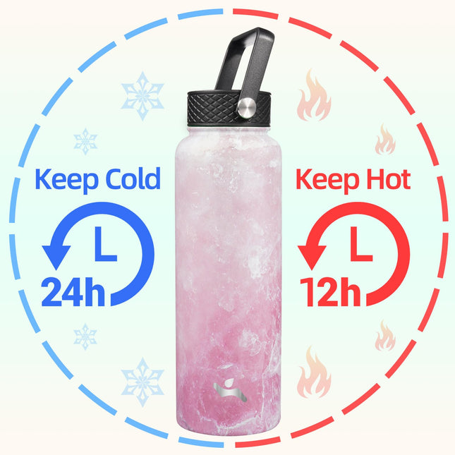 Konokyo Insulated Water Bottle with Straw,40oz 3 Lids Metal Bottles Stainless Steel Water Flask,Marble Blossom