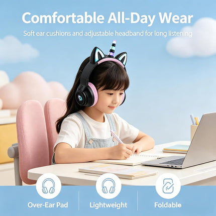 Unicorn Kids Headphones,Unicorn Bluetooth Headphones Foldable for Girls Boys Toddlers Phones pad/Amazon fire/Tablet,Light Up Kids Wireless Headphone Birthday Gifts (Black)