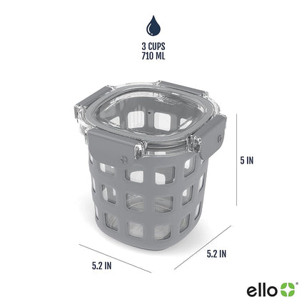 Ello DuraGlass Rounds Glass Food Storage Containers - Meal Prep Bowls with Silicone Sleeve and Airtight Lids, 3 Cup, Gray