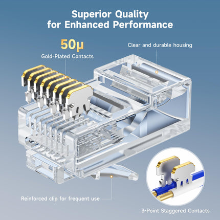 Cable Matters Paquete de 50 conectores RJ45 Cat 6 de paso, contactos chapados en oro de 50 micras (extremos Cat 6 / conector Cat6 / conectores modulares RJ45 / conectores Ethernet / conector de red)