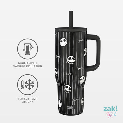 Vaso de viaje Sutton de Zak Designs de Disney Tim Burton's The Nightmare Before Christmas para llevar, acero inoxidable de 30 oz con aislamiento al vacío y pajita de silicona para bebidas frías (Jack Skellington)