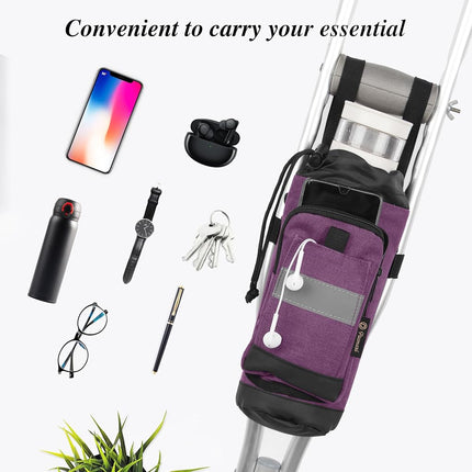 Crutch Bag Lightweight Crutch Accessories Storage Pouch with Reflective Strap and Front Zipper Pocket for Universal Crutch Bag to Keep Item Safety (Purple)