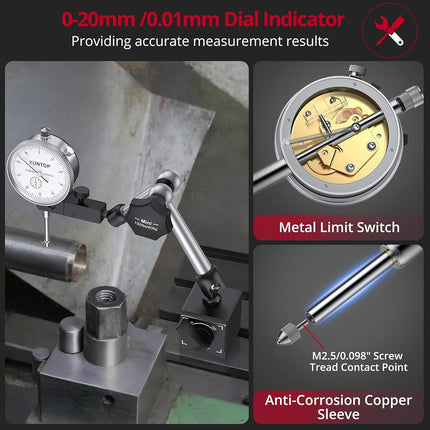 XUNTOP Dial Indicator 20mm/0.01mm with 132lbs/60kg Magnetic Base,Imperial Dial Test Gauge Set for Lathe,3D Printer,CNC,Car,Laboratory