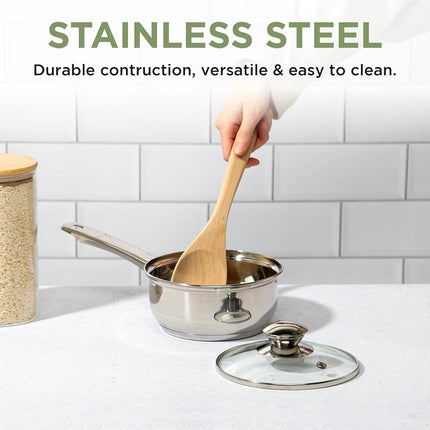 Ecolution Pure Intentions Saucepan – Features Tempered Glass Lid, Stay-Cool Knob and Handle, and Encapsulated Bottom – Oven Safe – Curbside Recyclable Stainless Steel – 1 Quart