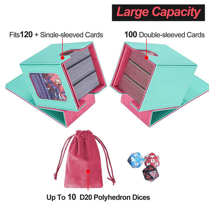 AFIING MTG Deck Box for Commander Display,Card Deck Case Fits 100 Double Sleeved Cards, Magic Commander TCG Card Storage Box with 2 Dividers,Dice Bag and 1 Toploader(Green Rose pink)