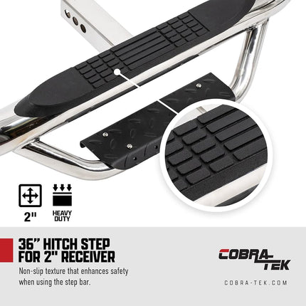 Cobra-Tek Marchepied d'attelage poli haut de gamme à rabattre, compatible avec les récepteurs d'attelage de classe III et de classe IV de 2 pouces, avec goupille d'attelage et stabilisateur d'attelage