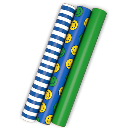 Hallmark Image Arts Birthday Wrapping Paper Mini Rolls, 3-Pack (Blue Stripes, Solid Green, Smiley Faces) for Kids Parties, Graduations, Father's Day, Easter, Any Occasion - 27 Sq. Ft. Total