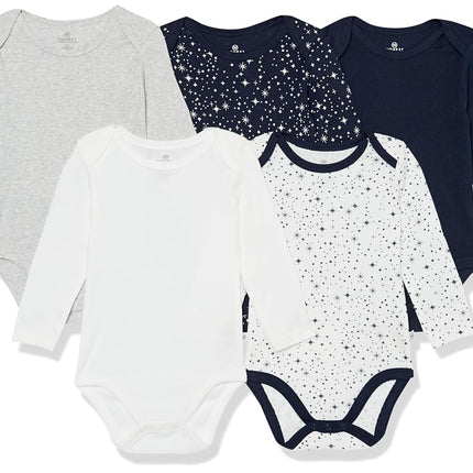 HonestBaby, paquete de 5 enterizos de manga larga para bebés, 100 % algodón orgánico para bebés varones, unisex, Twinkle Star Navy, 12 meses