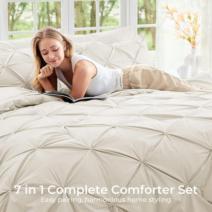 Sasttie Pintuck Comforter Set, 7-Piece Bed in a Bag, Queen, Beige