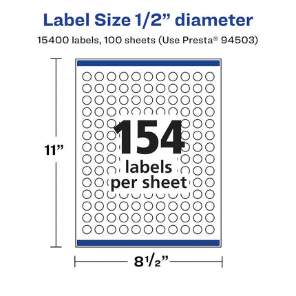 Avery Matte White Round Labels with Sure Feed, 1/2" Diameter, 15,400 Matte White Printable Labels