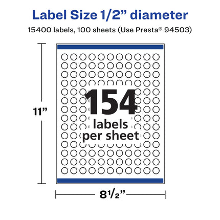 Avery Matte White Round Labels with Sure Feed, 1/2" Diameter, 15,400 Matte White Printable Labels