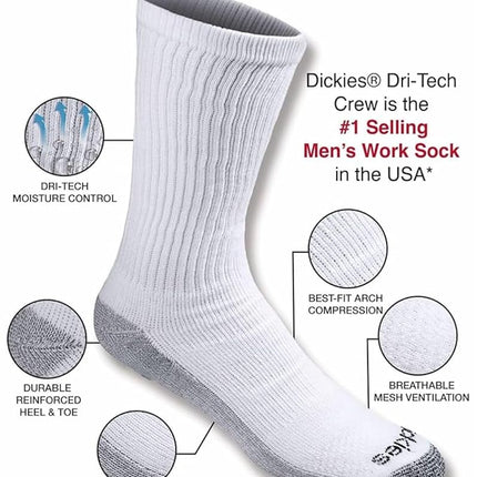 Dickies Men's Multi-Pack Dri-tech Moisture Control Crew Socks Casual, White (6 Pairs), Medium (Pack of 6)