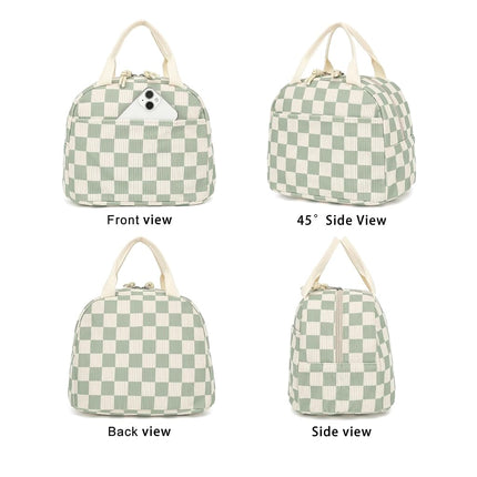 Corduroy Lunch Box for Women Girls, Cooler Lunch Bags Reusable Insulated Lunchbox for Picnic School Work Travel (Checkered Green)