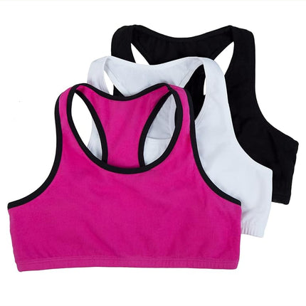 Fruit of the Loom Big Girl's Cotton Built-up Sport 3 Pack(Pack of 3) Bra, Passion Fruit with Black/White/Black, 36
