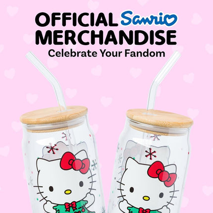 Silver Buffalo Hello Kitty Holiday Tree Dress 16oz Glass Tumbler w Bamboo Lid and Glass Straw