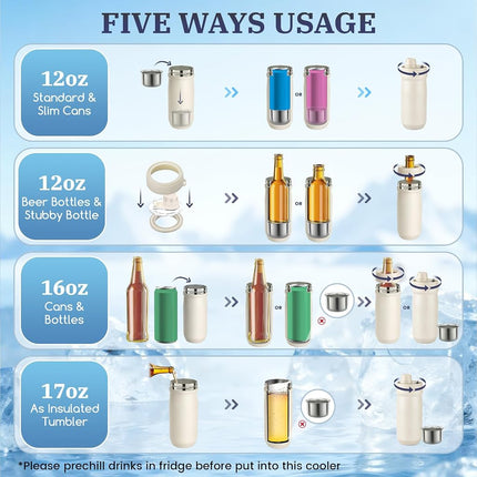 MAXSO Sealed Can Cooler Fizz Lid Can Cover for 12 oz Regular, Slim Skinny Cans & As Thermal Bottle (Ivory White, 5-in-1)