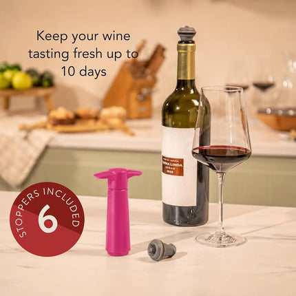 Vacu Vin Original Wine Saver with 6 Vacuum Bottle Stoppers – Wine Preserver Pump for Red or White Wine – Manual Air Remover System – Airtight Seal – Keep Wine Fresh Longer – Pink