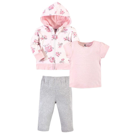 Hudson Baby Ensemble unisexe en coton pour bébé, comprenant un sweat à capuche, un body ou un t-shirt et un pantalon, motif floral rose pour tout-petit, 3T
