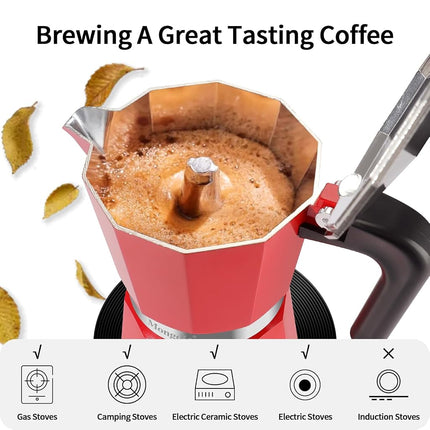 Mongdio Stovetop Espresso Maker Moka Pot, Stove Top Cuban Coffee Maker, Italian Greca Mocha Pot, 12 Espresso Cups, 20 oz - Red