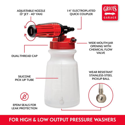 Griot's Garage Brilliant Finish Foam Cannon, for Pressure Washers, Apply Car Washes and Cleaners, ¼” Quick Connect. 33.8 Oz Jar, 51185