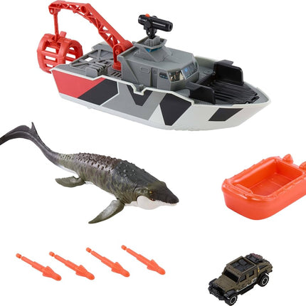 Mattel Jurassic World: Rebirth Matchbox Toy Car Playset, Jurassic World 12.5” Dino Boat with 13” Mosasaurus Dinosaur, 1:64 Die-Cast Jeep, Harpoon Missiles & Detachable Rescue Boat, JGG61