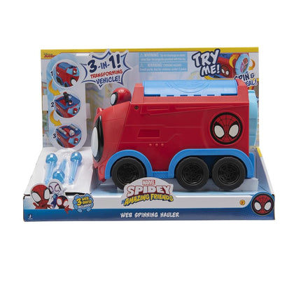 MARVEL’S SPIDEY AND HIS AMAZING FRIENDS WEB SPINNING HAULER - 8-Inch 3-In-1 Transforming Vehicle - Toys Featuring Your Friendly Neighborhood Spideys