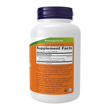 NOW Supplements, Ashwagandha (Withania somnifera)450 mg (Standardized Extract), 180 Veg Capsules