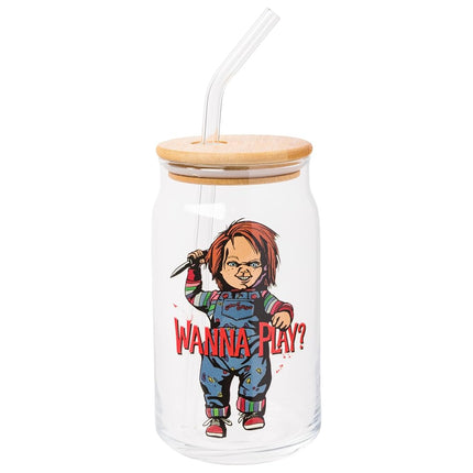 Silver Buffalo Chucky Wanna Play Scary Glass Jar T