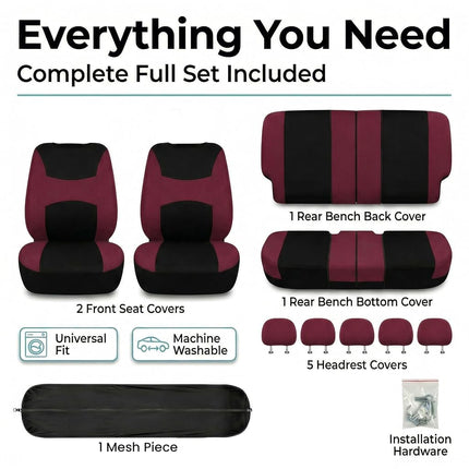 FH Group Light & Breezy Cloth Car Seat Covers, 7 Seater Three Row Set- Airbag & Split Ready -Universal for Cars Trucks and SUVs Burgundy/Black
