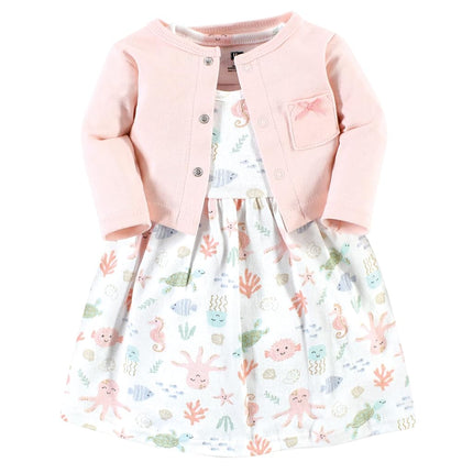 Hudson Baby Baby Girls' Cotton Dress and Cardigan Set, Pastel Sea, 2T