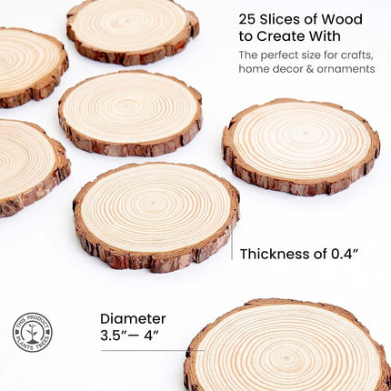 ARTEZA Rodajas de Madera Natural, 25 piezas, 3.5-4 pulgadas de diámetro, 0.4 pulgadas de grosor, Discos redondos de madera de pino con corteza para manualidades, adornos navideños, centros de mesa y pinturas