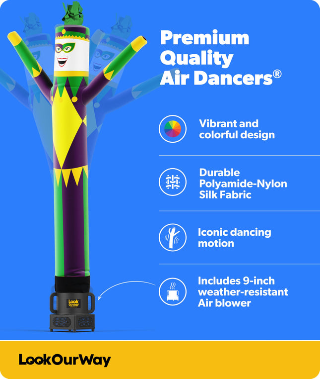 LookOurWay Air Dancers Inflatable Tube Man Set - 7ft Tall Wacky Waving Inflatable Dancing Tube Guy with Weather Resistant Blower- Mardi Gras Themed - Jester