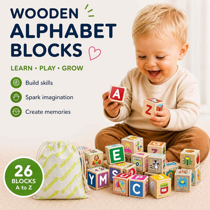 QUOKKA Wooden Blocks for Toddlers 1-3 - Cartoon 26 ABC Learning Baby Blocks for Kids 3-5-Year-Olds Stacking Alphabet Wood Toys for 2-4 yo - Educational with Letters Numbers