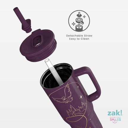 Zak Designs Harry Potter Sutton Travel Tumbler for On The Go, 30oz Stainless Steel with Vacuum Insulation, Silicone Straw, and Carry Handle for Cold Drinks (Hogwarts)