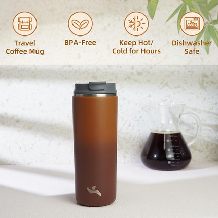 Konokyo Tumbler with Lid, 16 oz Travel Coffee Mug Double Wall Vacuum Stainless Steel Thermal Metal Cup Insulated Water Bottle,Caramel