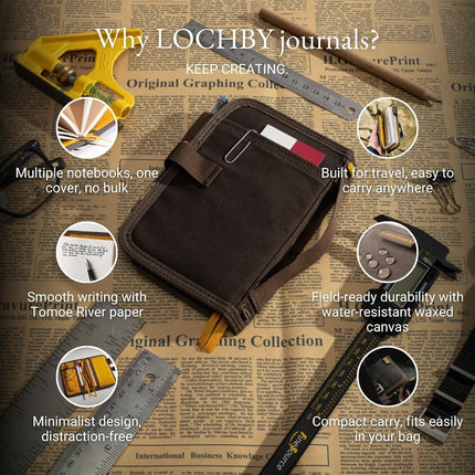 LOCHBY Field Journal Mini Planner | Pocket-Size Planner Cover | Water Resistant Waxed Canvas | Pen Loop | Included Tomoe River Notebook | Perfect for Travel, Art, Bullet Journal