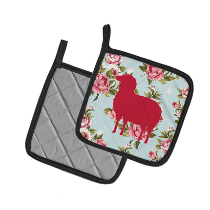Caroline's Treasures Sheep Shabby Chic Blue Roses Pair of Pot Holders BB1126-RS-BU-PTHD, Fabric