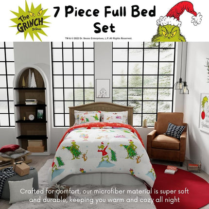 Housse de couette et parure de draps Franco avec taie, microfibre, Grinch-Blanc + Rouge, 7 pièces Grand lit