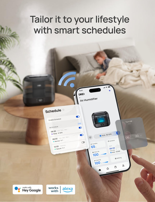 DREO Humidificateurs intelligents pour chambre à coucher, humidificateur grande pièce 4L à remplissage supérieur avec 28 dB, autonomie de 36H, contrôle tactile/APP/vocal, veilleuse, humidificateurs à brume fraîche pour bébé, plantes, intérieur, ébène