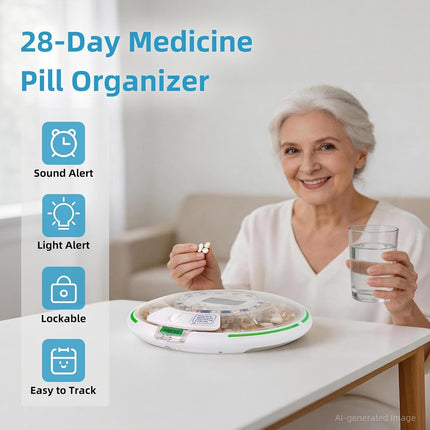 EziMedPil Automatic Pill Dispenser with Alarm, Sound & Light, up to 6 Alarms/Day, 6 Dosage Templates, Easy-Read Display, Frosted Lid & Locked 28-Day Medication Dispenser for Protecting Pills Privacy