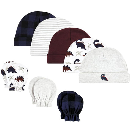 Hudson Baby unisex-baby Cotton Cap and Scratch Mitten Set, Burgundy Dino, 0-6 Months