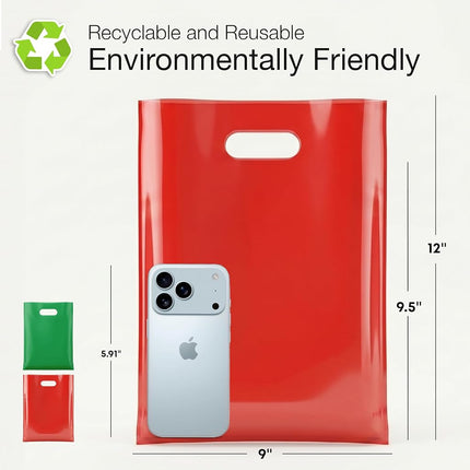 200 Red & Green Goodie Bags 100 Red and 100 Green 23cm x 30cm (9”x12”) Merchandise Bags Thick Glossy Retail Bags and Shopping Bags for Small Business with Die Cut Handles